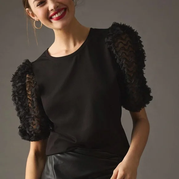 NWT Anthropologie Black Ruffle-Sleeve Top by Flat White Size XS - Picture 2 of 11